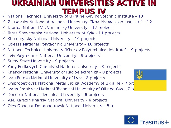 UKRAINIAN UNIVERSITIES ACTIVE IN TEMPUS IV National Technical University of Ukraine Kyiv Polytechnic Institute – 13