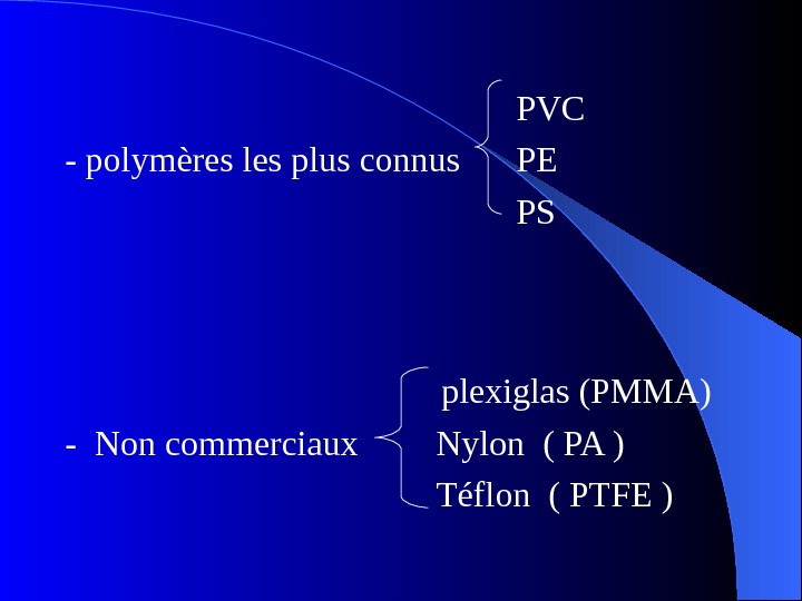 PVC - polymères les plus connus PE  PS  plexiglas (PMMA) - Non commerciaux Nylon