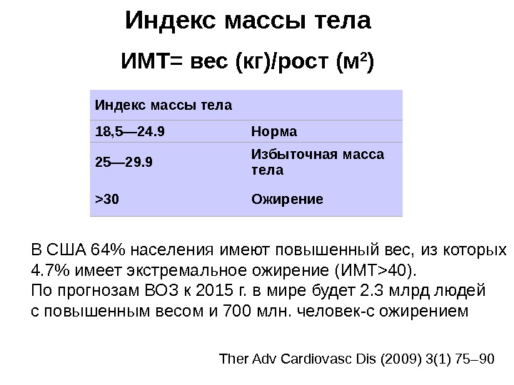 Индекс массы тела 18, 5— 24. 9 Норма 25— 29. 9 Избыточная масса тела  30