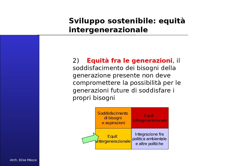 MANCUSO 2005 Sviluppo sostenibile: equità intergenerazionale 2) Equità fra le generazioni , il soddisfacimento dei bisogni