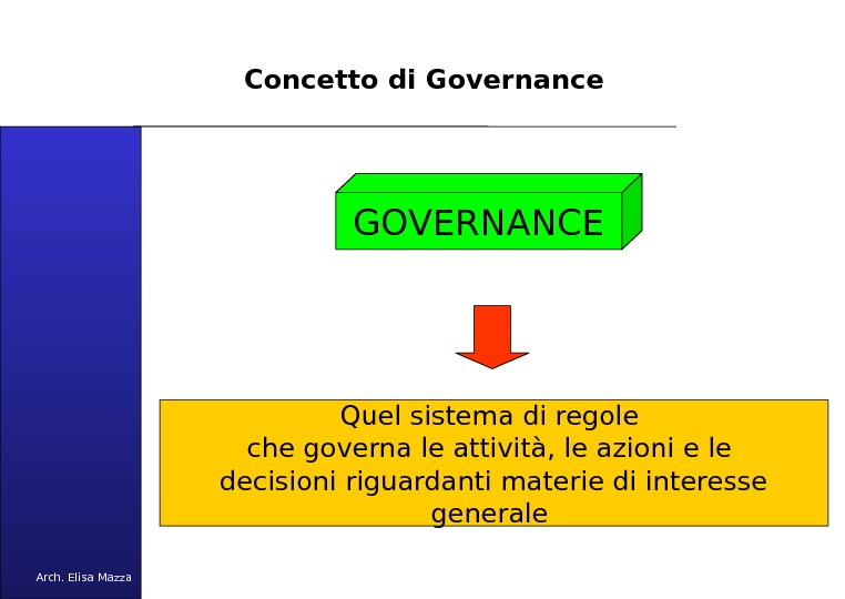 MANCUSO 2005 Concetto di Governance GOVERNANCE Quel sistema di regole che governa le attività, le azioni