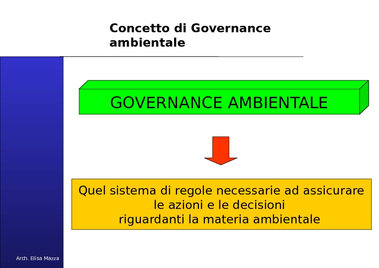 MANCUSO 2005 Concetto di Governance ambientale GOVERNANCE AMBIENTALE Quel sistema di regole necessarie ad assicurare le