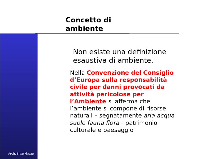 MANCUSO 2005 Concetto di ambiente Non esiste una definizione esaustiva di ambiente.  Arch. Elisa Mazza