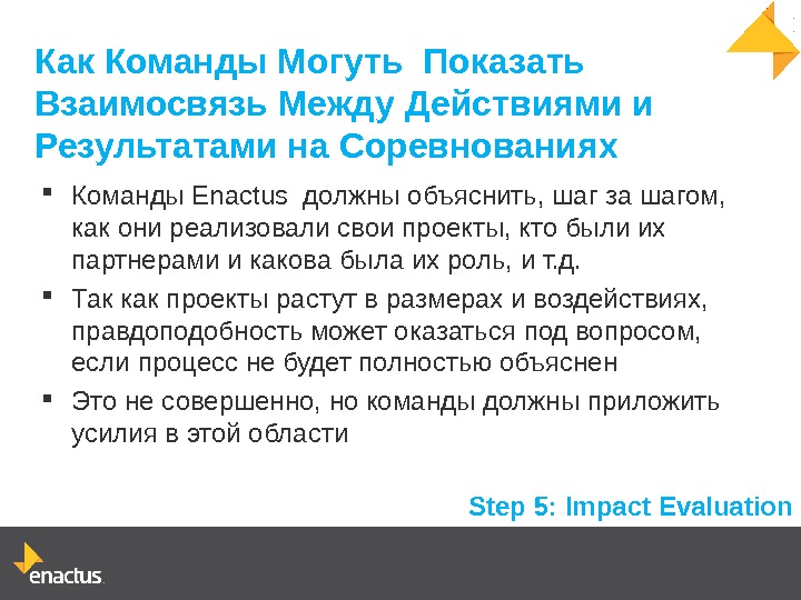 Step 5: Impact Evaluation Команды Enactus должны объяснить, шаг за шагом,  как они реализовали свои