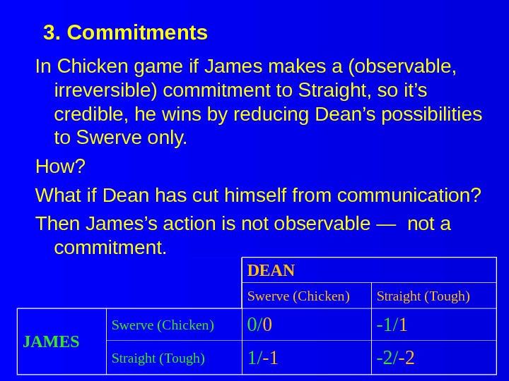 3. Commitments In Chicken game if James makes a (observable,  irreversible) commitment to Straight, so