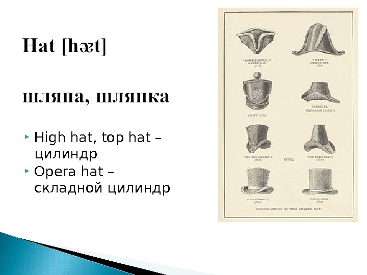  High hat, top hat – цилиндр Opera hat – складной цилиндр 