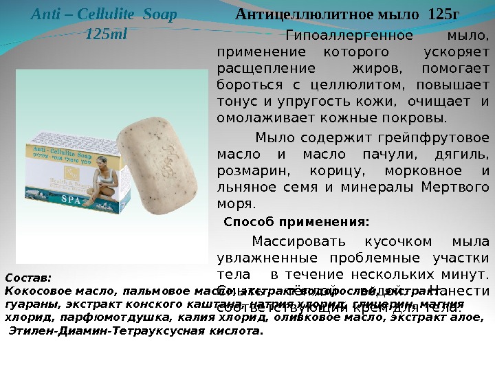 Anti – Cellulite  Soap 125 ml Антицеллюлитное мыло 125 г Гипоаллергенное мыло,  применение которого