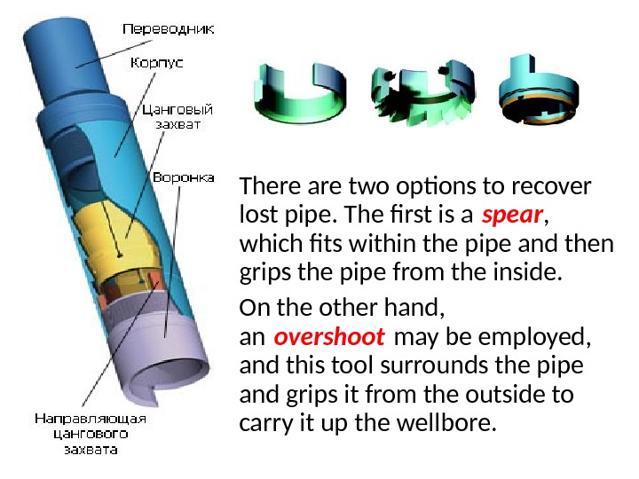 There are two options to recover lost pipe. The first is a spear ,  which