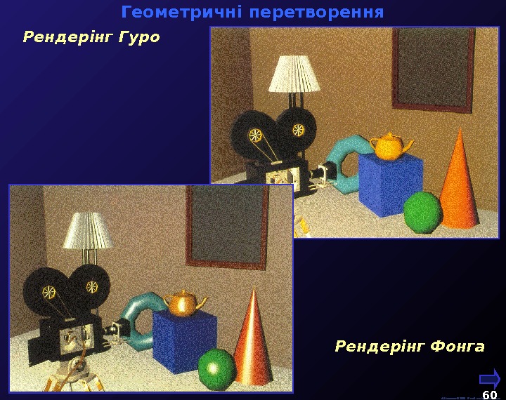   М. Кононов © 2009 E-mail: mvk@univ. kiev. ua 60  Геометричні перетворення Рендерінг Гуро