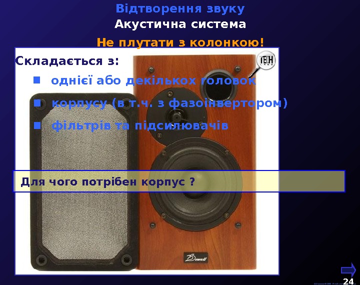   М. Кононов © 2009 E-mail: mvk@univ. kiev. ua 24  Відтворення звуку Акустична система