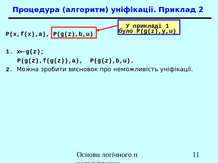 Основи логічного п рограмування 11 P(x, f(x), a), P(g(z), b, u) 1. x g(z); P(g(z), f(g(z)),