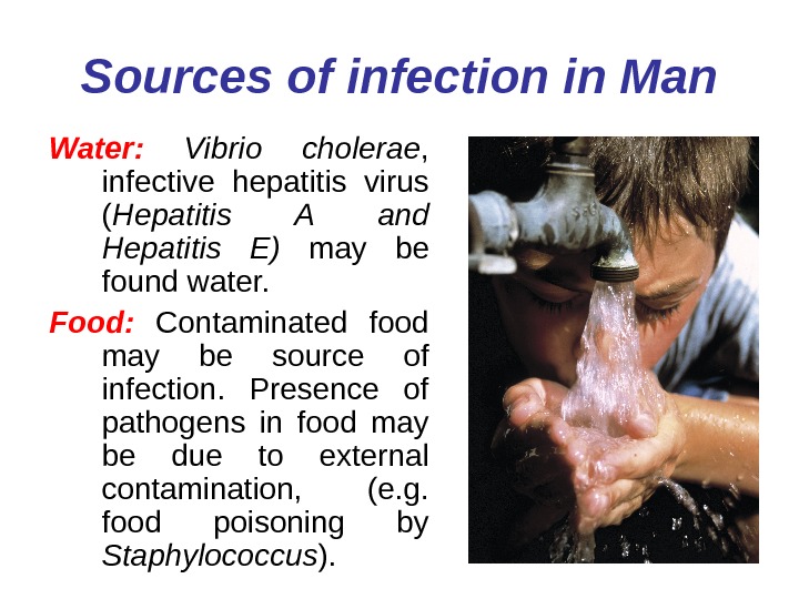   Sources of infection in Man Water:  Vibrio cholerae ,  infective hepatitis virus