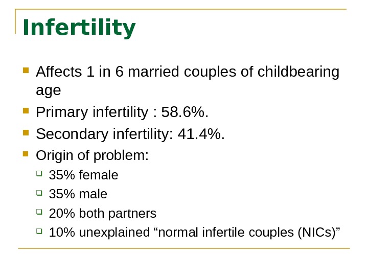 Infertility Affects 1 in 6 married couples of childbearing age  Primary infertility : 58. 6.