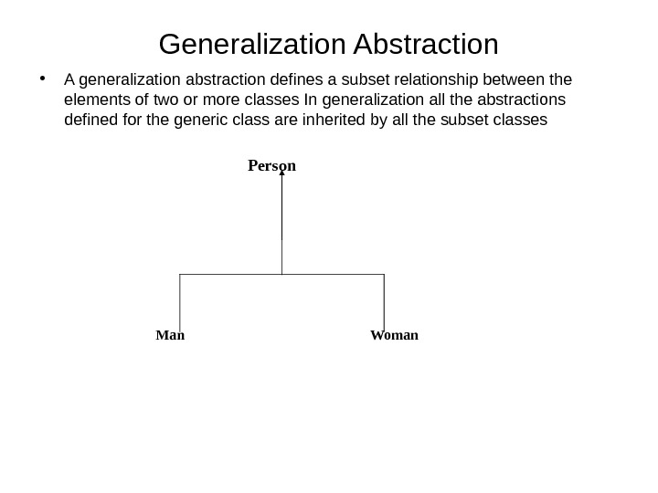 Generalization Abstraction • A generalization abstraction defines a subset relationship between the elements of two or