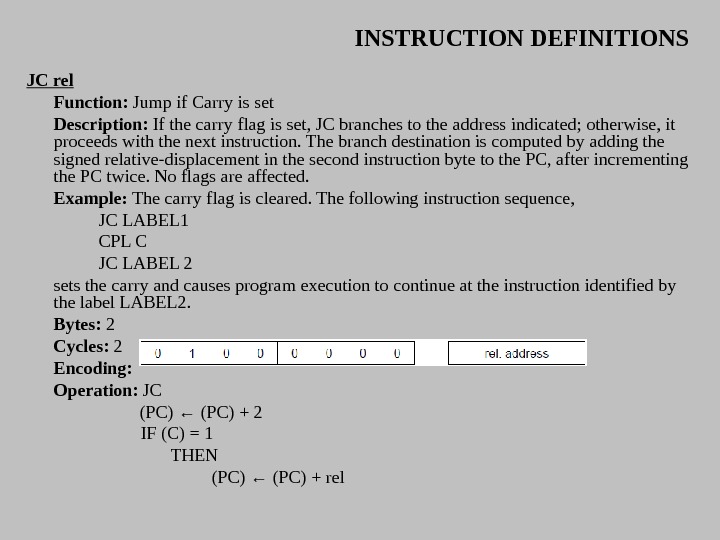 INSTRUCTION DEFINITIONS JC rel Function:  Jump if Carry is set Description:  If the carry