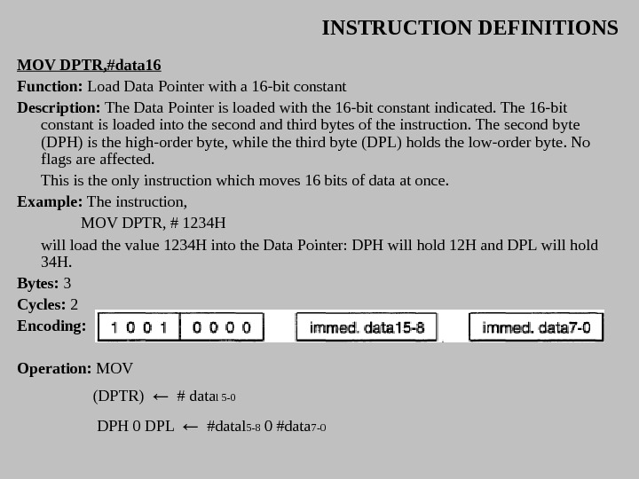 INSTRUCTION DEFINITIONS MOV DPTR, #data 16 Function:  Load Data Pointer with a 16 -bit constant
