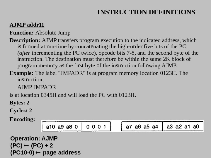 INSTRUCTION DEFINITIONS AJMP addr 11 Function:  Absolute Jump Description:  AJMP transfers program execution to