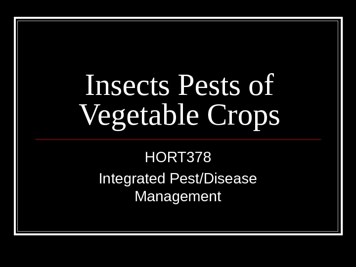 Insects Pests of Vegetable Crops HORT 378 Integrated Pest/Disease Management 