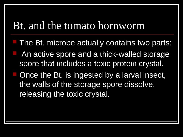 Bt. and the tomato hornworm The Bt. microbe actually contains two parts: An active spore and
