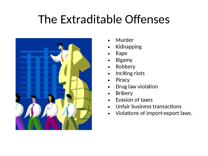 The Extraditable Offenses • Murder • Kidnapping • Rape • Bigamy • Robbery • Inciting riots