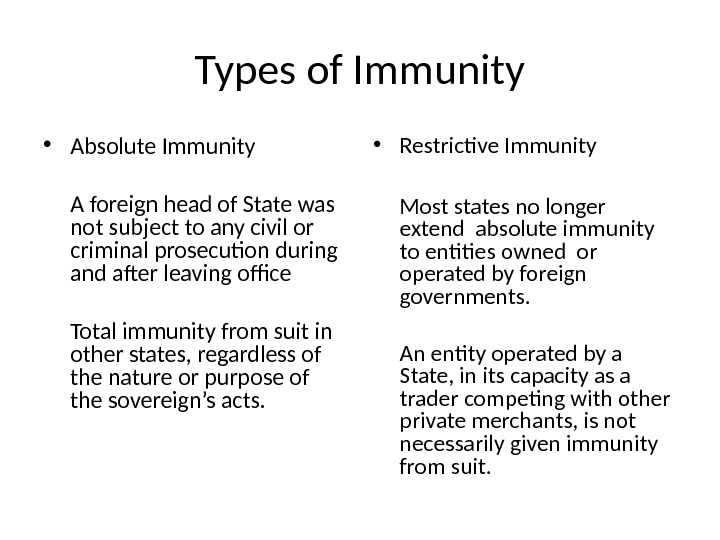 Types of Immunity • Absolute Immunity A foreign head of State was not subject to any