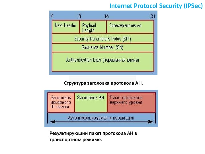 Internet Protocol Security (IPSec) Структура заголовка протокола АН. Результирующий пакет протокола АН в транспортном режиме. 