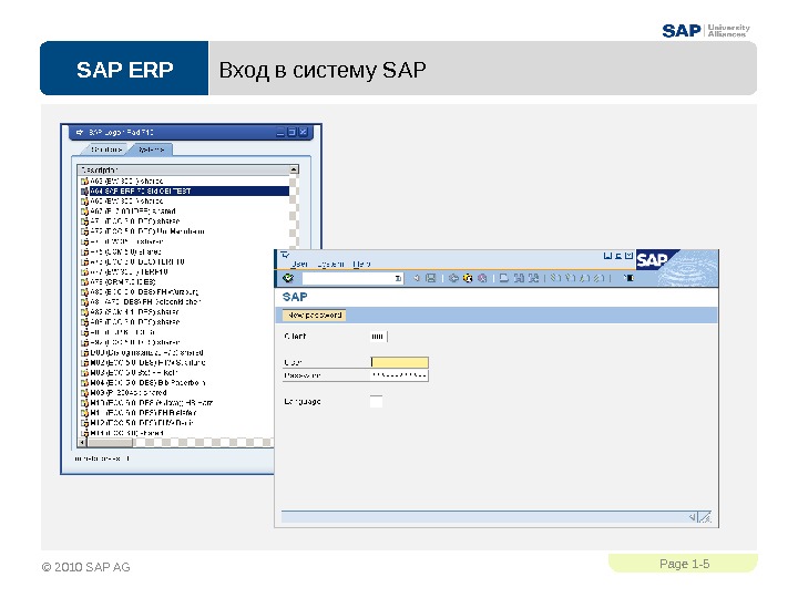 SAP ERPPage 1 - 5 © 2010 SAP AG Вход в систему SAP 