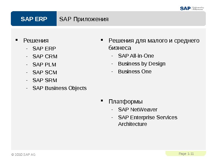 SAP ERPPage 1 - 11 © 2010 SAP AG SAP Приложения Решения - SAP ERP -