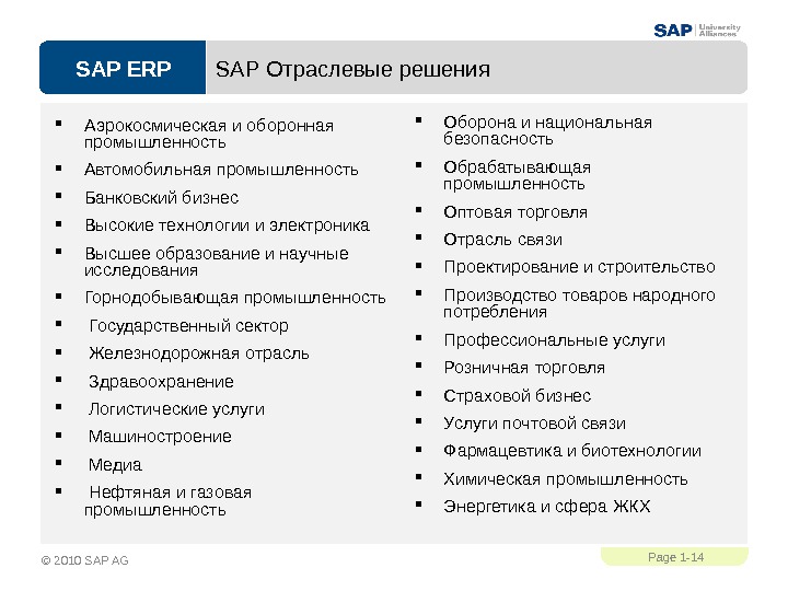 SAP ERPPage 1 - 14 © 2010 SAP AG SAP Отраслевые решения Аэрокосмическая и оборонная промышленность