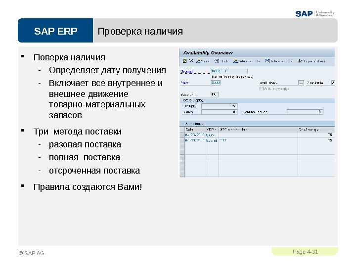 SAP ERPPage 4 - 31 © SAP AG Проверка наличия Поверка наличия - Определяет дату получения