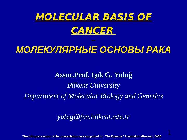  1 MOLECULAR BASIS OF CANCER  МОЛЕКУЛЯРНЫЕ ОСНОВЫ РАКА Assoc. Prof. Işık G. Yuluğ Bilkent