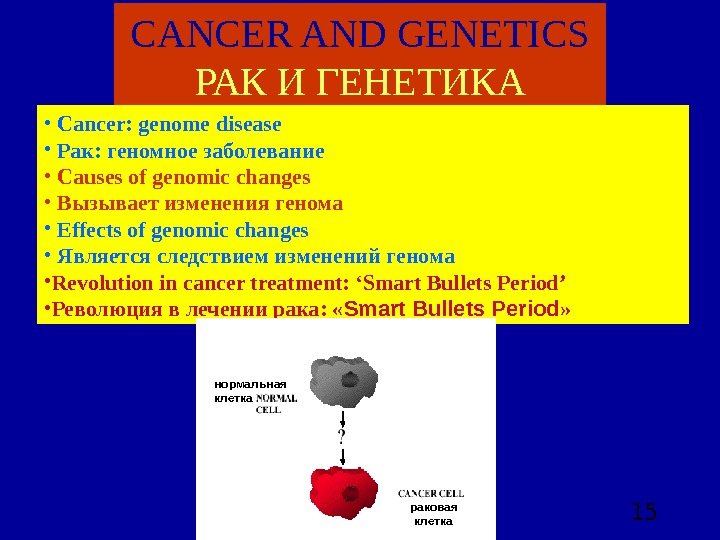  15 CANCER AND GENETICS РАК И ГЕНЕТИКА •  Cancer: genome disease •  Рак: