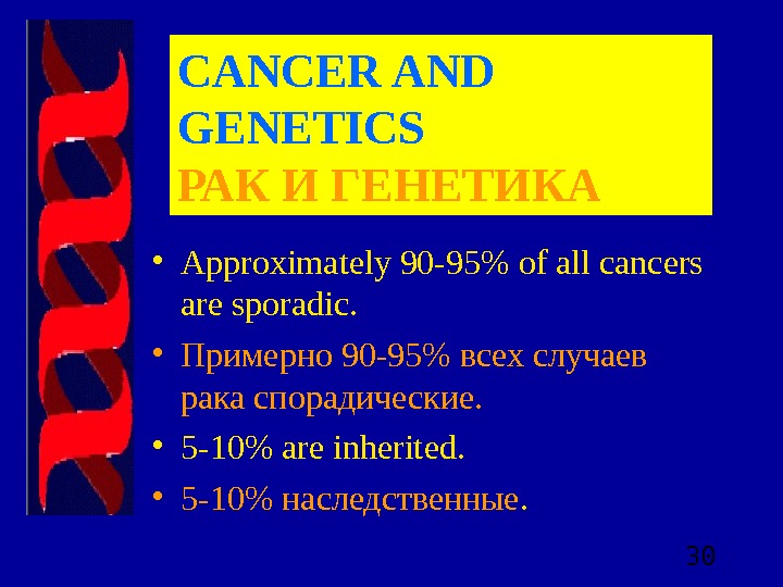 30 • Approximately 90 -95 of all cancers are sporadic.  • Примерно 90 -95