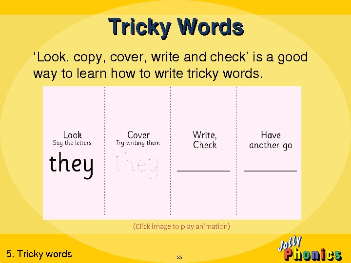 ‘ Look, copy, cover, writeandcheck’isagood waytolearnhowtowritetrickywords. (Click image to play animation)Tricky. Words 255. Trickywords 
