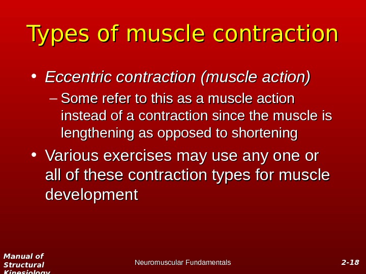 Manual of Structural Kinesiology Neuromuscular Fundamentals 2 -2 - 1818 Types of muscle contraction • Eccentric