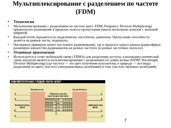 Слайд-лекції В. Саєнко, 2013 7 Мультиплексирование с разделением по частоте (FDM) • Технология • Мультиплексирование с