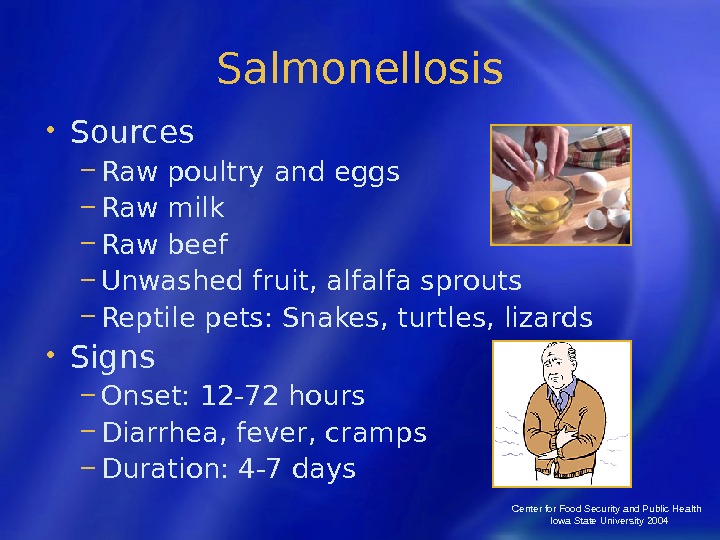 Center for Food Security and Public Health  Iowa State University 2004 Salmonellosis • Sources −