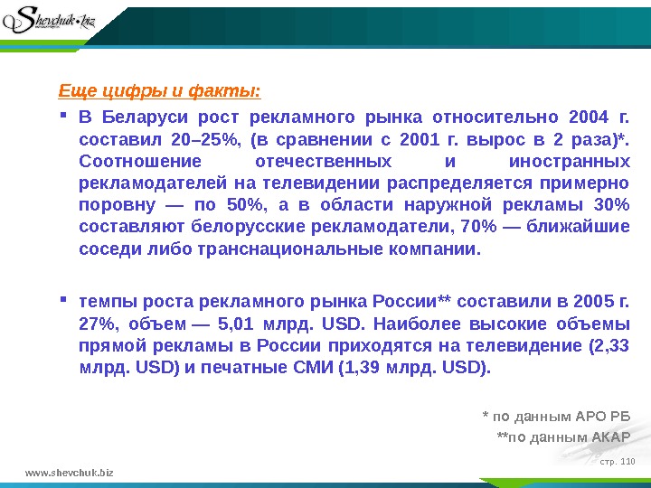www. shevchuk. biz стр.  110 Еще цифры и факты:  В Беларуси рост рекламного рынка
