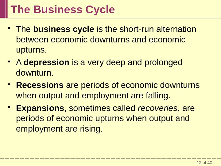 13 of 40 The Business Cycle The business cycle is the short-run alternation between economic downturns