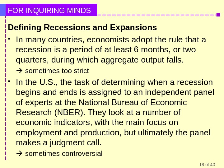 18 of 40 FOR INQUIRING MINDS Defining Recessions and Expansions  In many countries, economists adopt