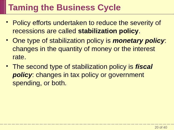 20 of 40 Taming the Business Cycle Policy efforts undertaken to reduce the severity of recessions