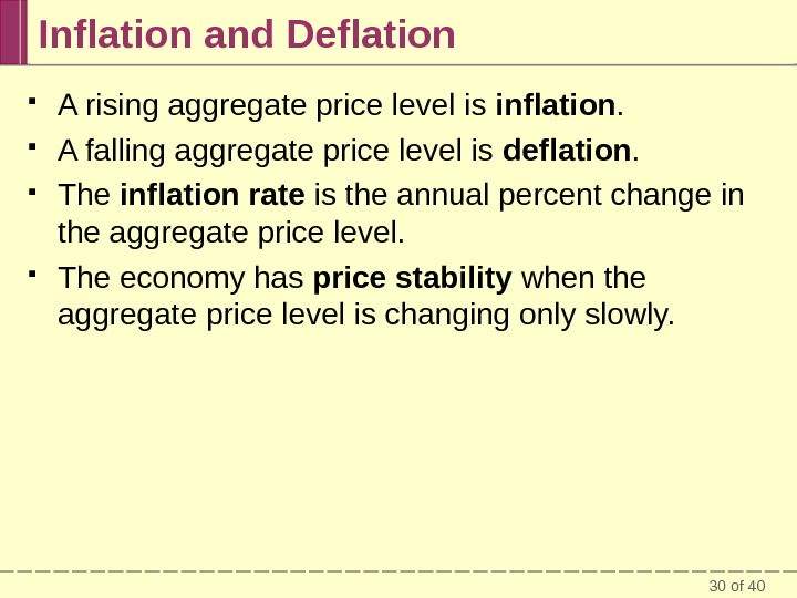 30 of 40 Inflation and Deflation A rising aggregate price level is inflation.  A falling