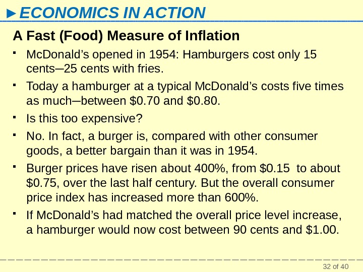 32 of 40► ECONOMICS IN ACTION A Fast (Food) Measure of Inflation Mc. Donald’s opened in