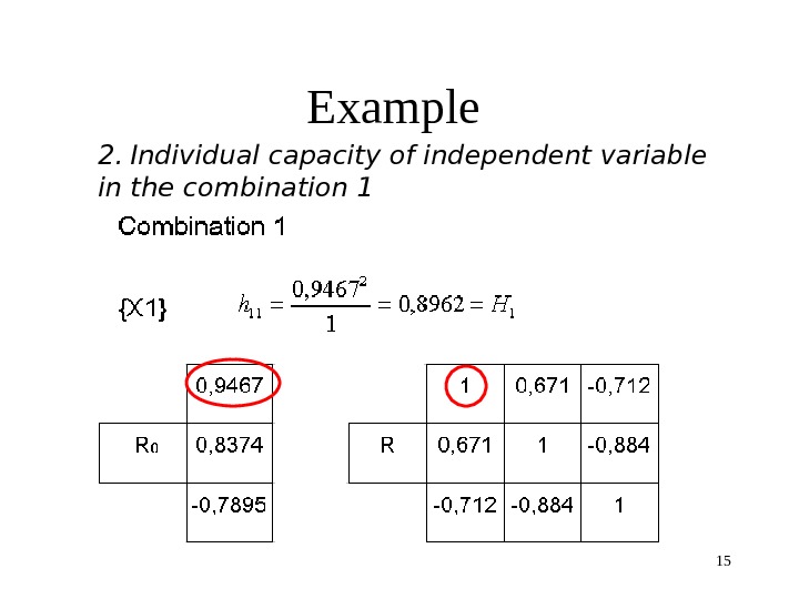 15 Example 2.  Individual capacity of independent variable in the combination 1 