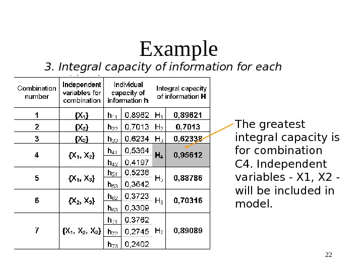 22 Example 3.  Integral capacity of information for each combination  The greatest integral capacity