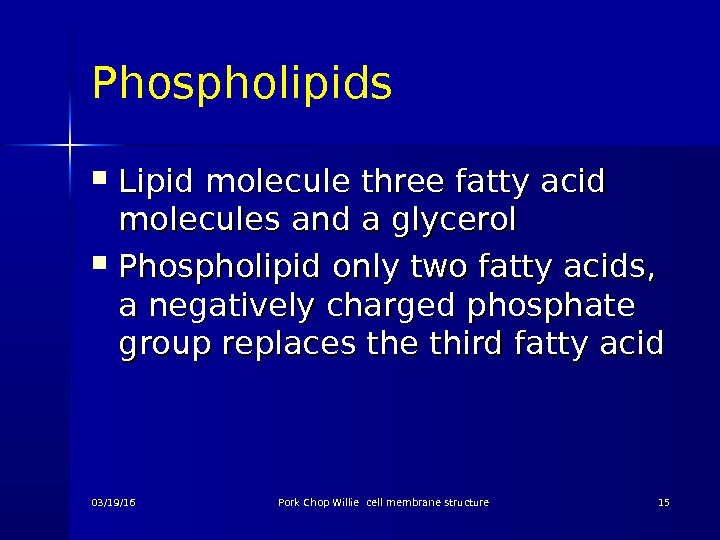 Phospholipids Lipid molecule three fatty acid molecules and a glycerol Phospholipid only two fatty acids, 