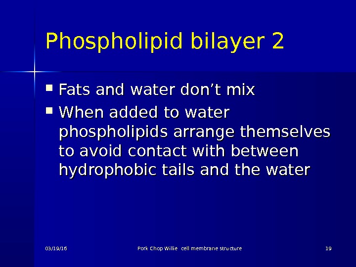 Phospholipid bilayer 2 Fats and water don’t mix When added to water phospholipids arrange themselves to