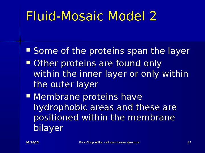 Fluid-Mosaic Model 2 Some of the proteins span the layer Other proteins are found only within
