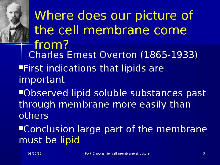 Where does our picture of the cell membrane come from? Charles Ernest Overton (1865 -1933) First