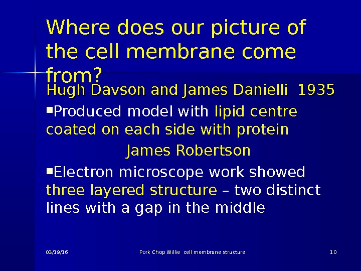 Where does our picture of the cell membrane come from? Hugh Davson and James Danielli 1935